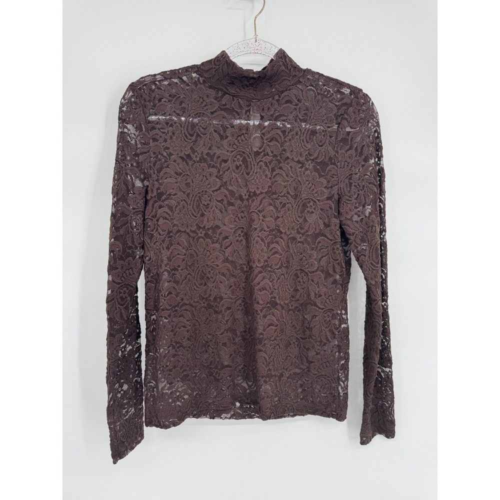 Loft Womens Brown Sheer Blouse Sz M Lace Mock Neck Long Sleeve Keyhole Back